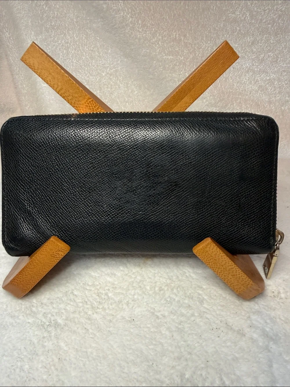 Coach Tan Black Leather Zip Wallet with Logo Plaque